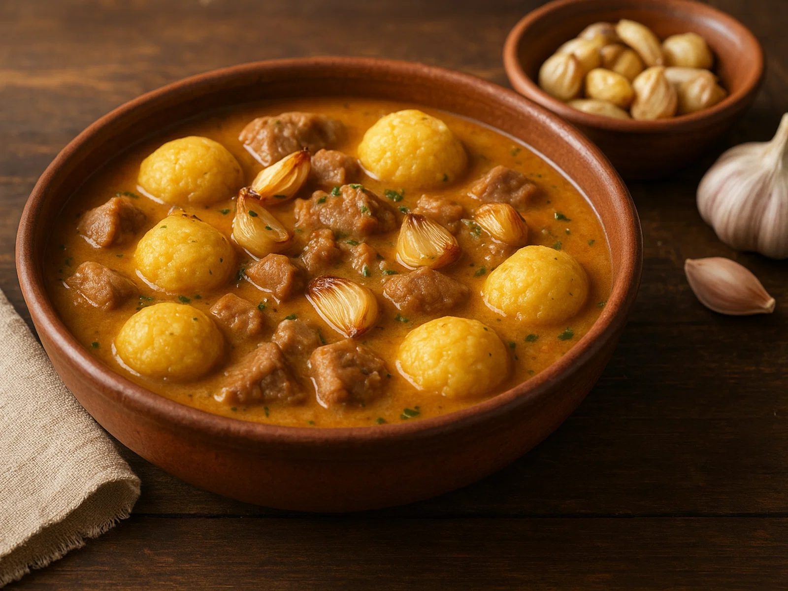 Schweinefleisch-Bori Bori mit geröstetem Knoblauch