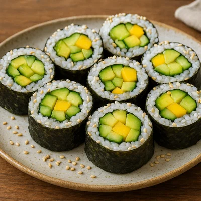 Vegane California Rolls mit Avocado, Gurke und Mango