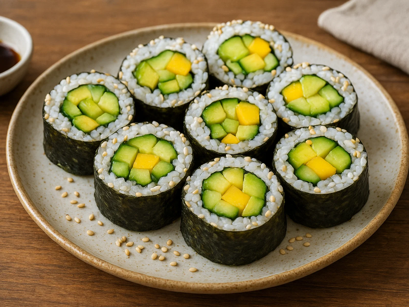 Vegane California Rolls mit Avocado, Gurke und Mango