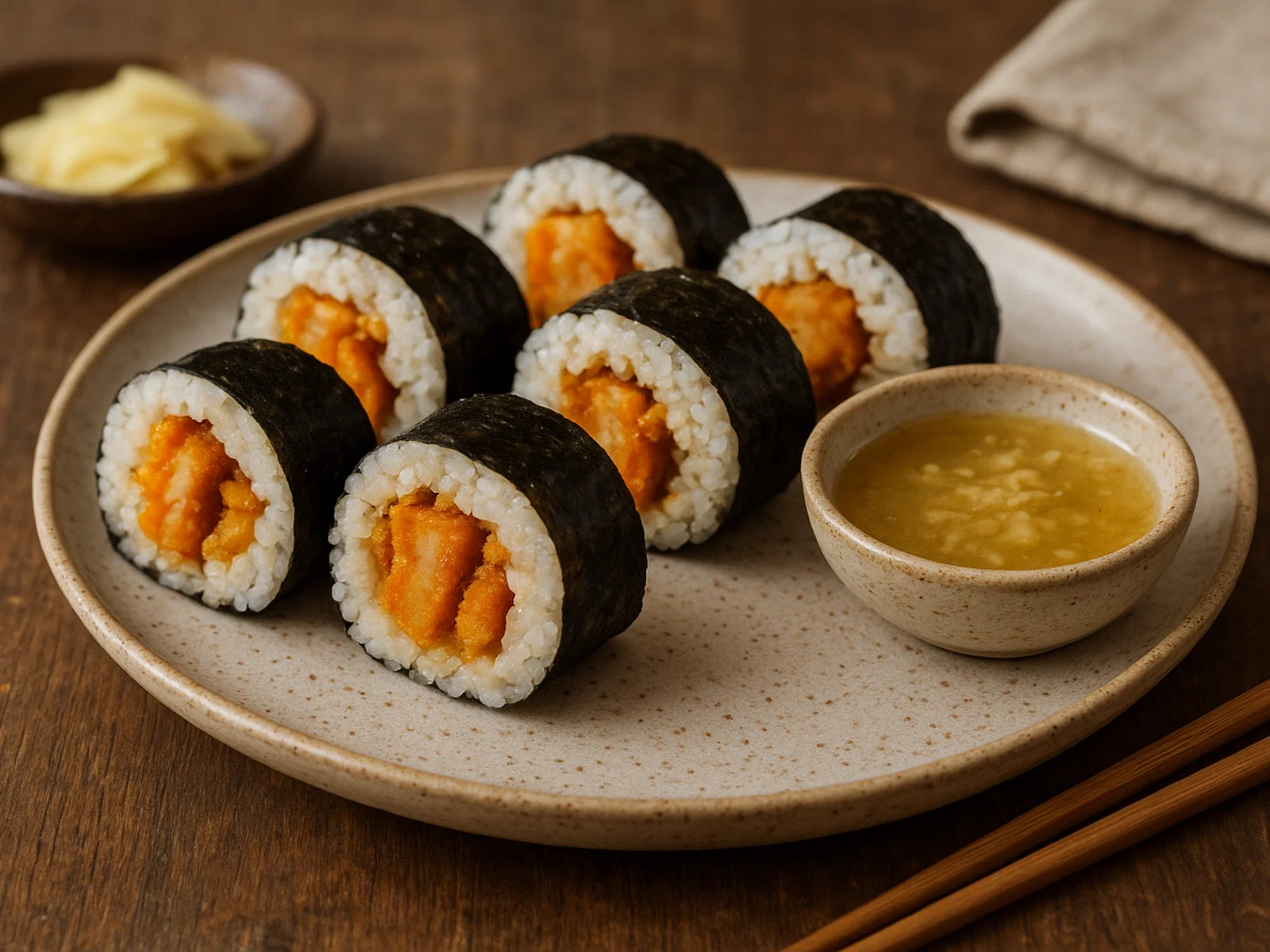 Karotten-Tempura Roll mit Ingwer-Dip