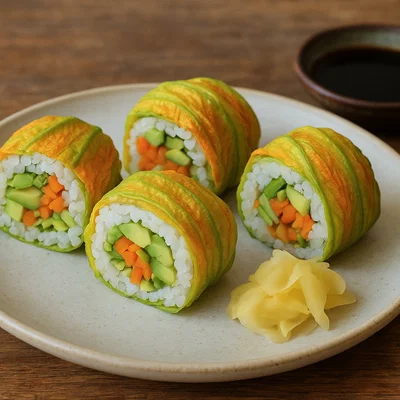 Zucchini-Blüten Sushi mit Avocado, Karotte und Ingwer