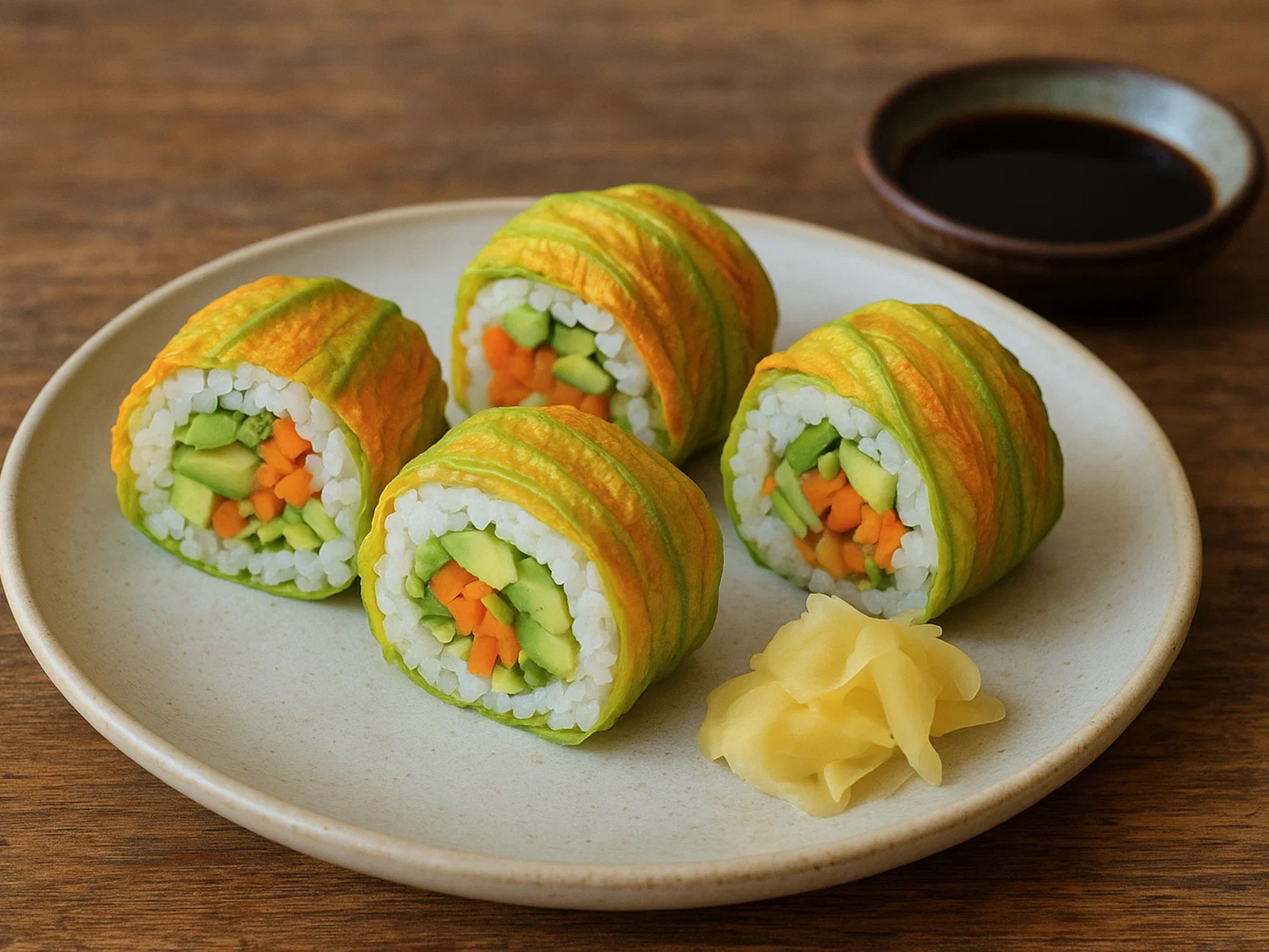 Zucchini-Blüten Sushi mit Avocado, Karotte und Ingwer