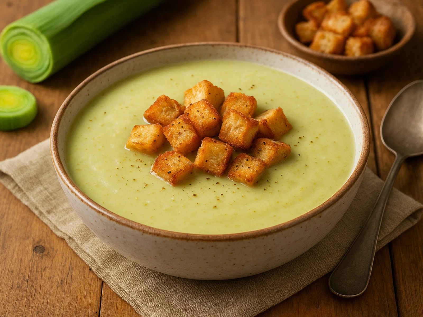 Cremige Lauchsuppe mit Knuspercroutons