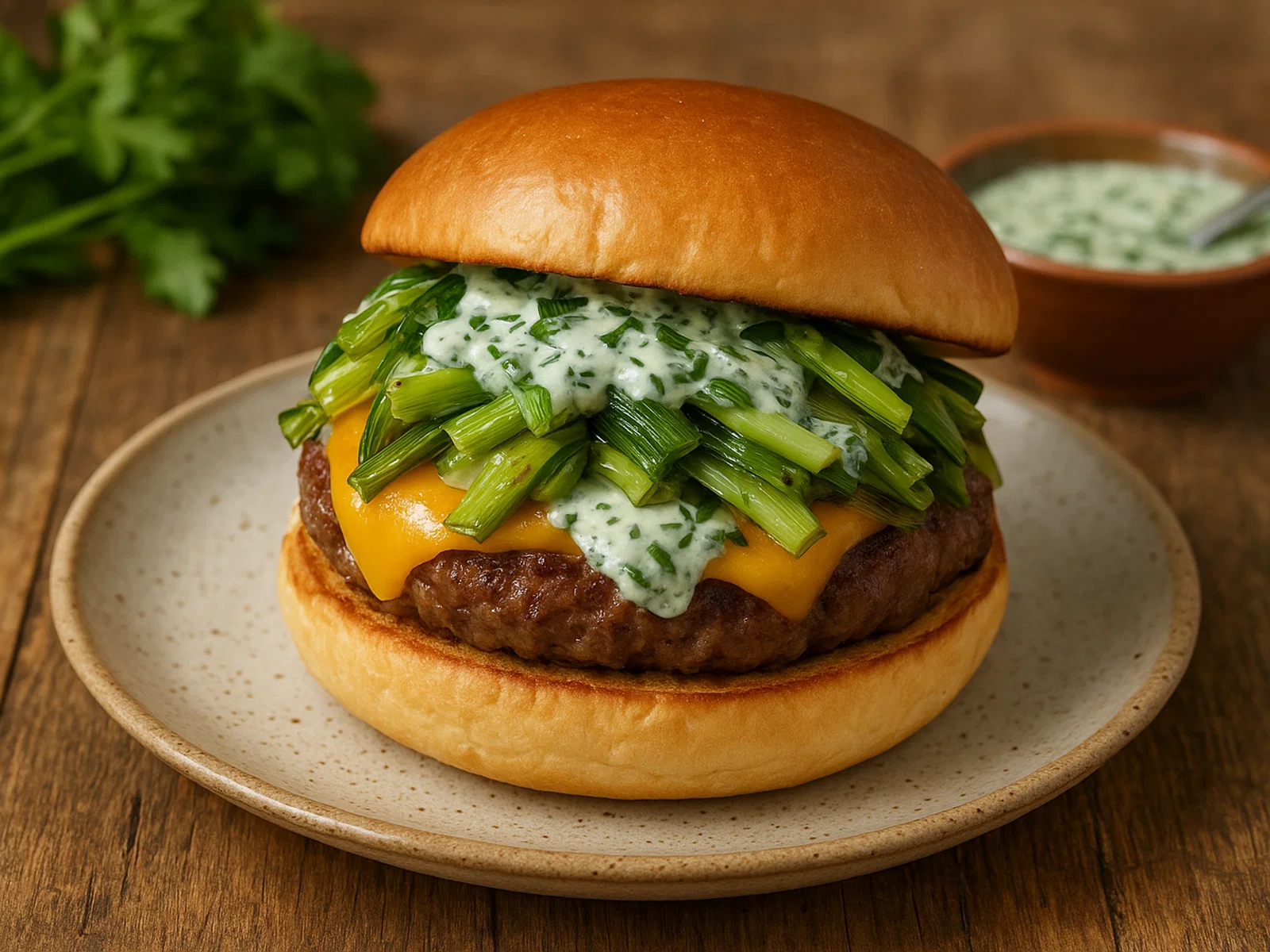 Lauch-Cheeseburger mit Kräutersoße