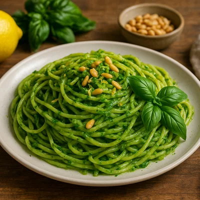 Grüne Lauch-Basilikum-Pasta mit Zitrone und Pinienkernen