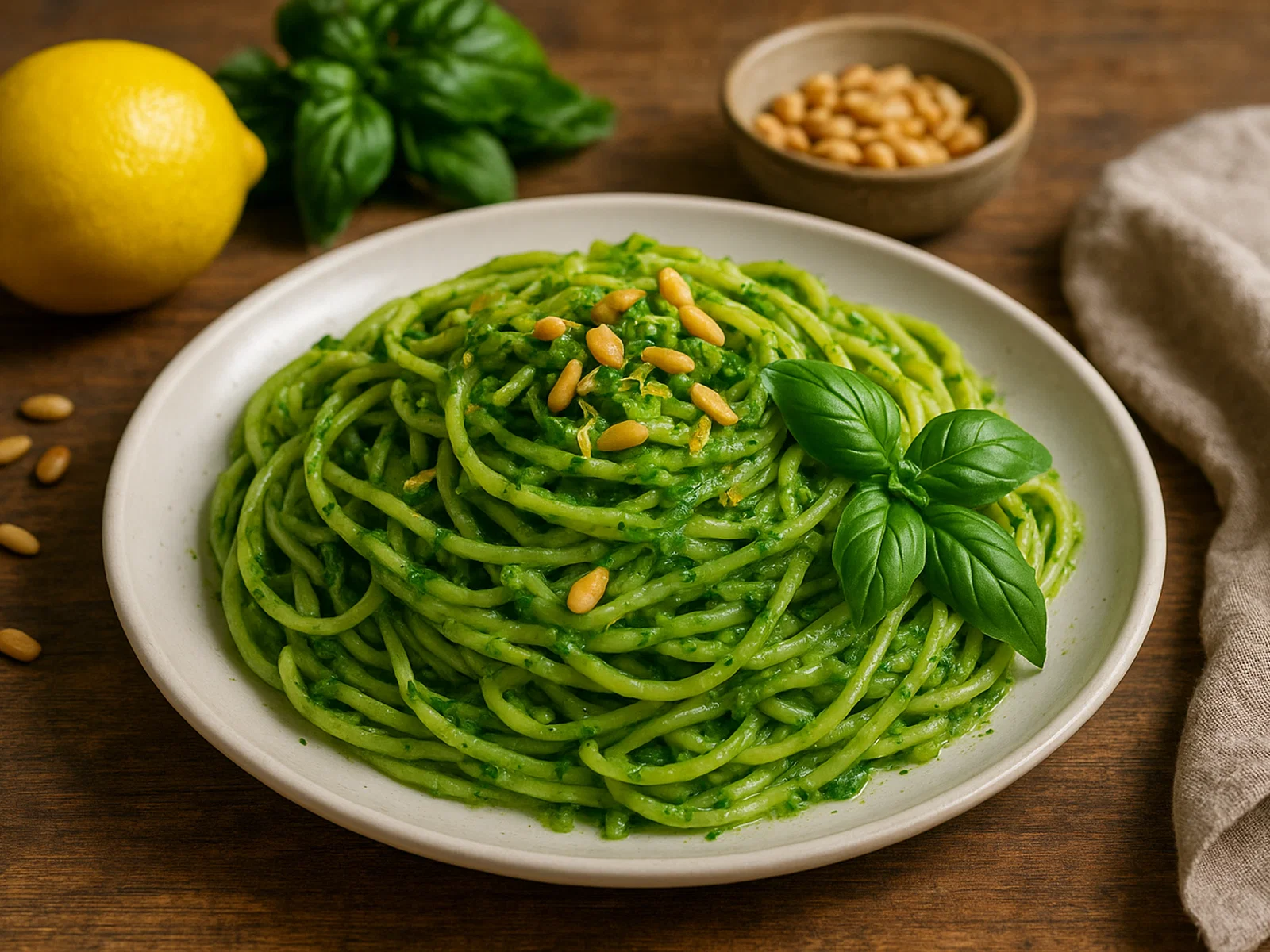 Grüne Lauch-Basilikum-Pasta mit Zitrone und Pinienkernen
