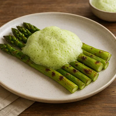 Lauchschaum auf gegrilltem grünem Spargel