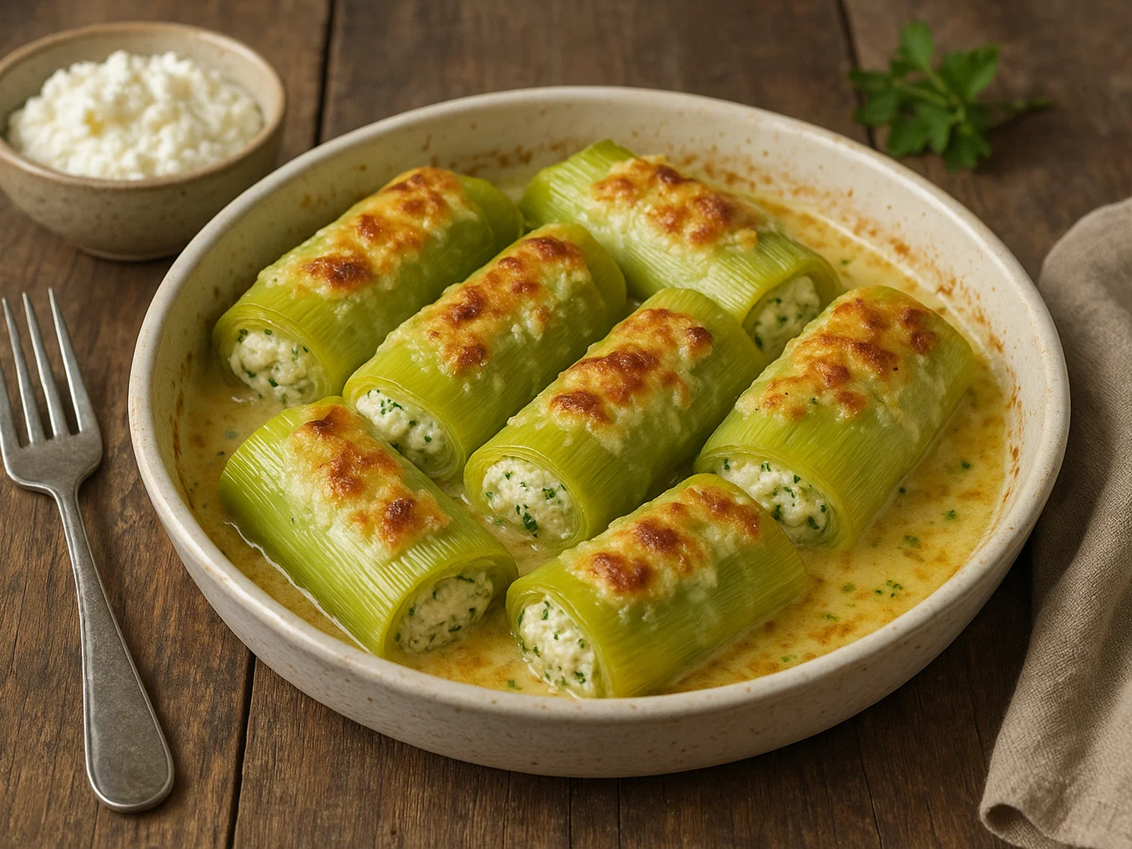 Gefüllte Lauchröllchen mit Ricotta aus dem Ofen