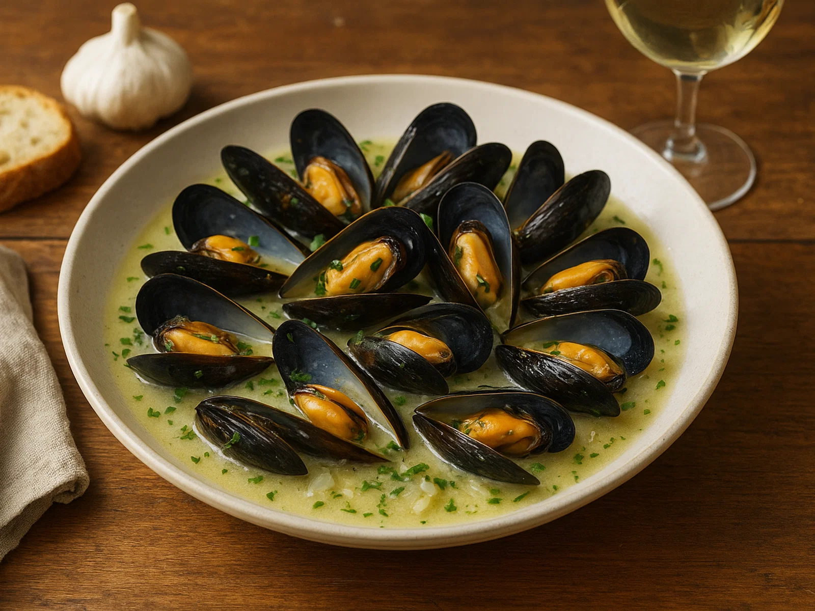 Miesmuscheln in Weißweinsud mit Knoblauch