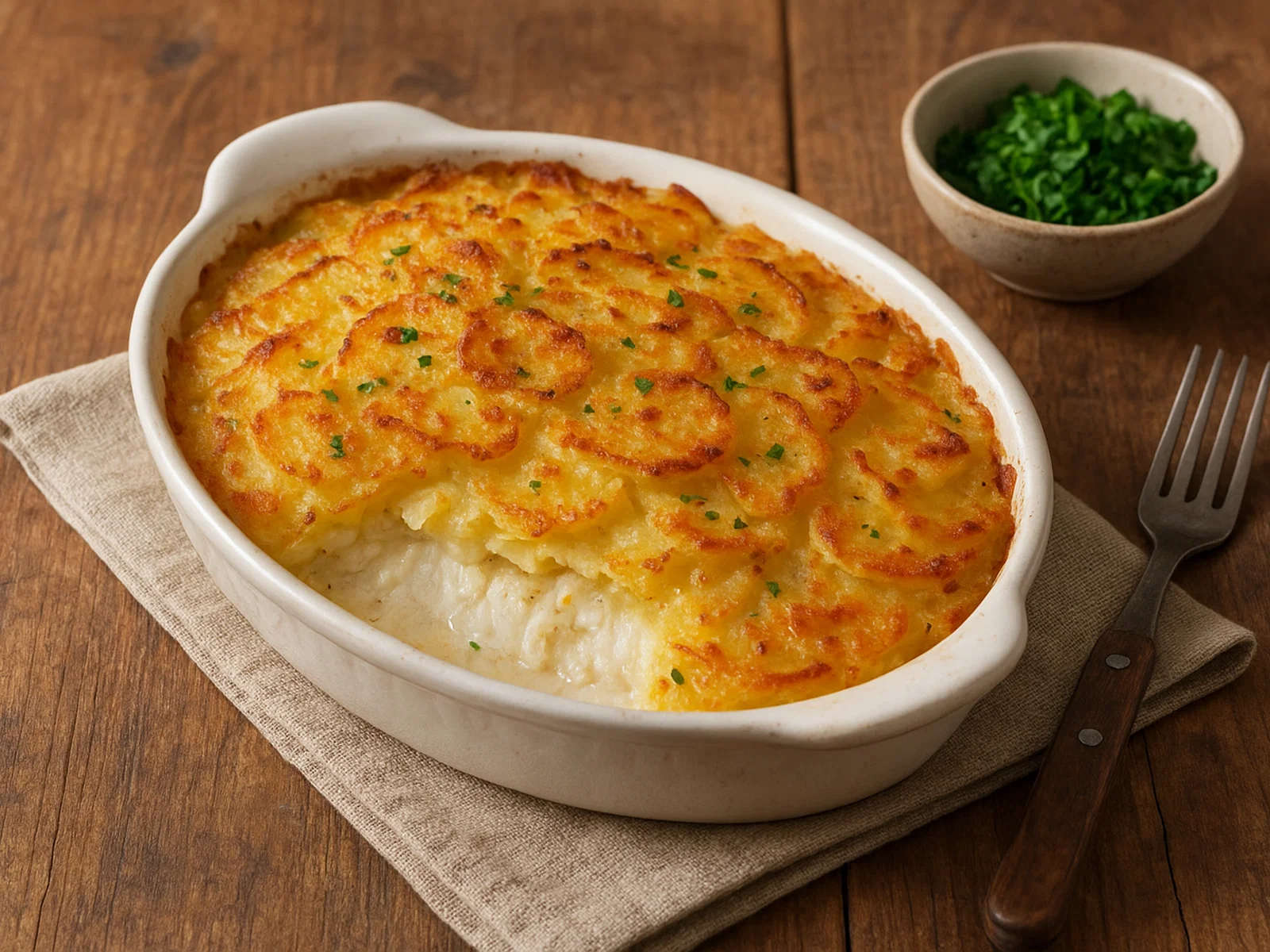 Fischgratin mit Kartoffelkruste