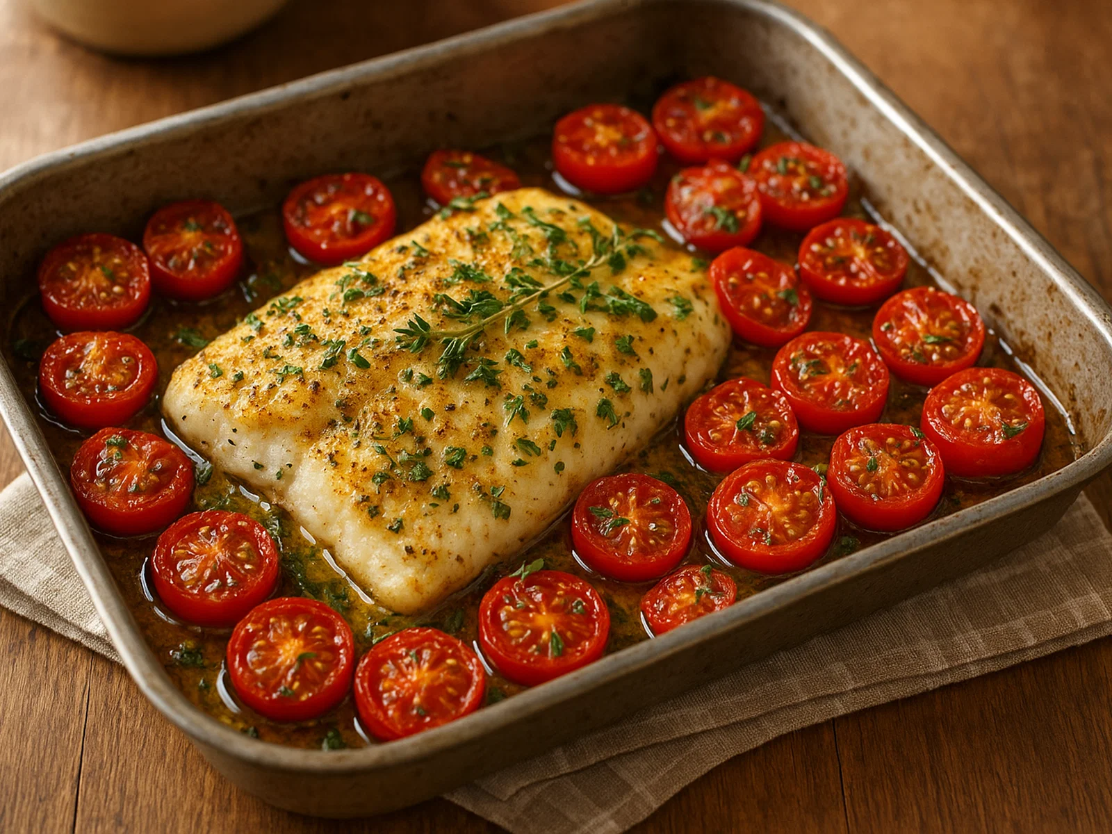 Seelachs aus dem Ofen mit Tomaten und frischen Kräutern
