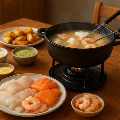 Fisch-Fondue mit verschiedenen Dips