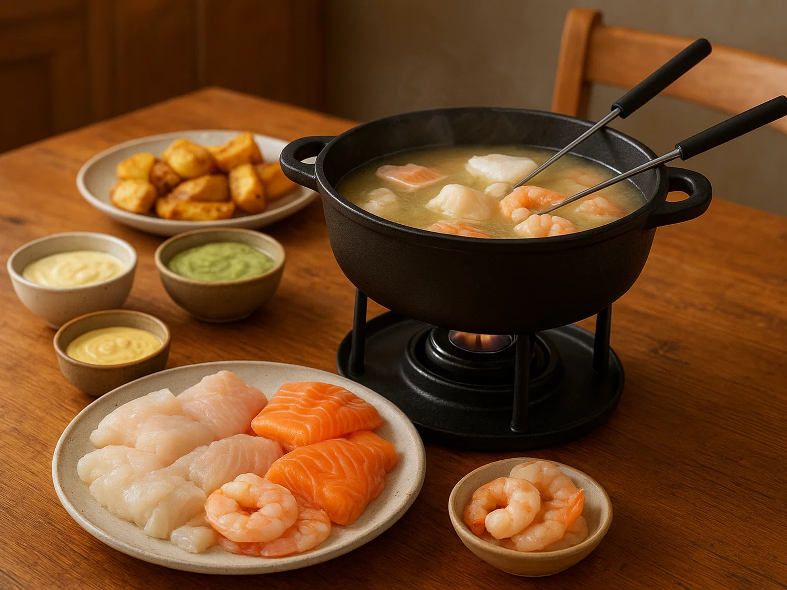 Fisch-Fondue mit verschiedenen Dips