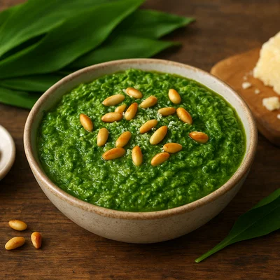 Klassisches Bärlauchpesto mit gerösteten Pinienkernen
