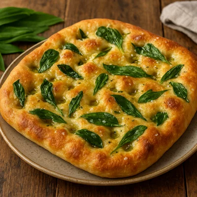 Knuspriges Bärlauch-Focaccia mit Meersalz und Olivenöl
