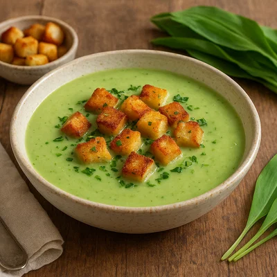 Cremige Bärlauch-Kartoffelsuppe mit knusprigen Croûtons