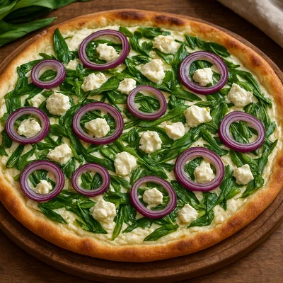 Flammkuchen mit Bärlauch, Ziegenkäse und roten Zwiebeln