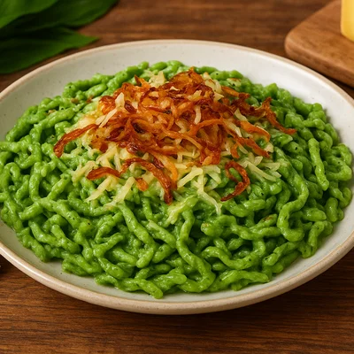 Bärlauchspätzle mit Röstzwiebeln und Bergkäse