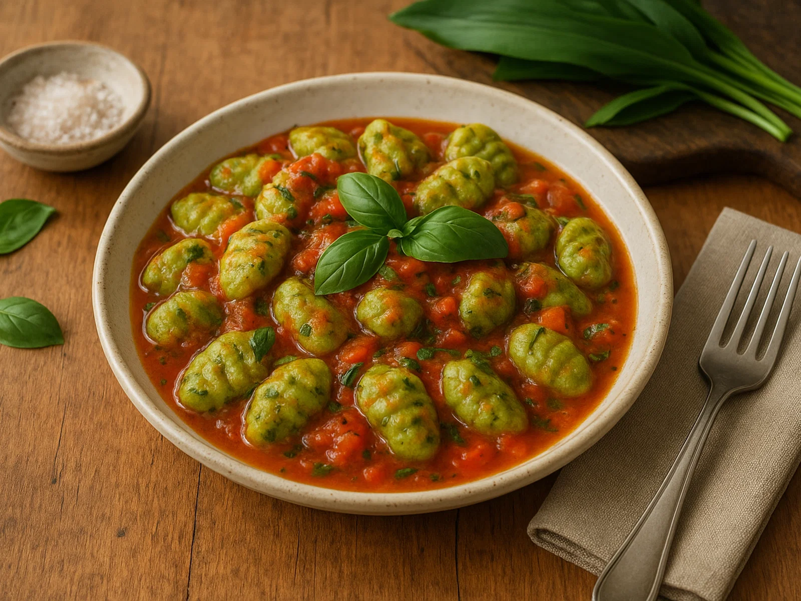 Bärlauch-Gnocchi in leichter Tomaten-Basilikum-Sauce