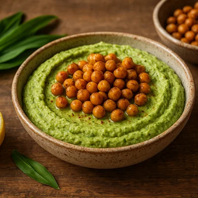 Cremiger Bärlauch-Hummus mit gerösteten Kichererbsen