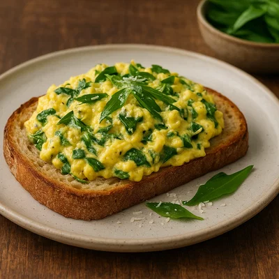 Bärlauch-Rührei auf getoastetem Bauernbrot