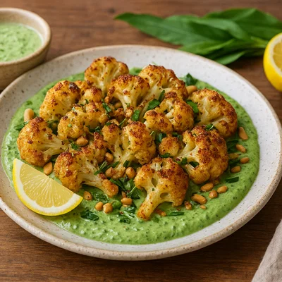 Gerösteter Blumenkohl mit Bärlauch-Tahin-Sauce