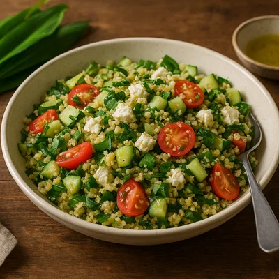 Bärlauch-Couscous-Salat mit Gurke, Tomate und Feta