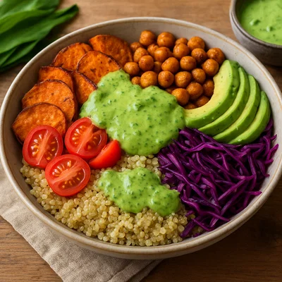 Bunte Buddha-Bowl mit cremigem Bärlauch-Dressing