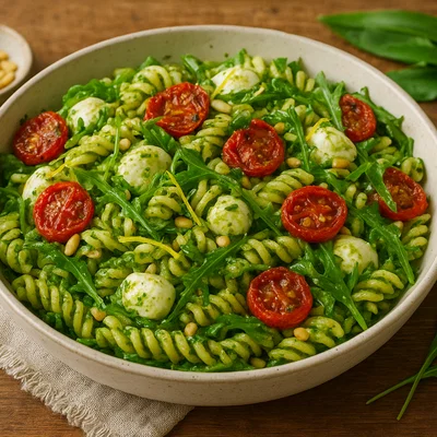 Nudelsalat mit Bärlauchpesto, Ofentomaten und Mozzarella