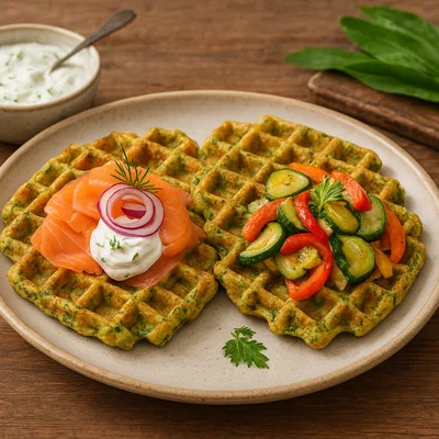 Herzhafte Bärlauch-Waffeln mit Räucherlachs oder Gemüsebelag