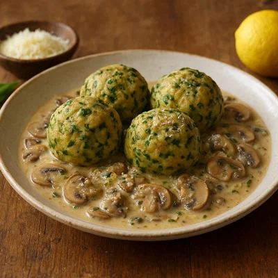 Bärlauch-Knödel auf Rahmchampignons