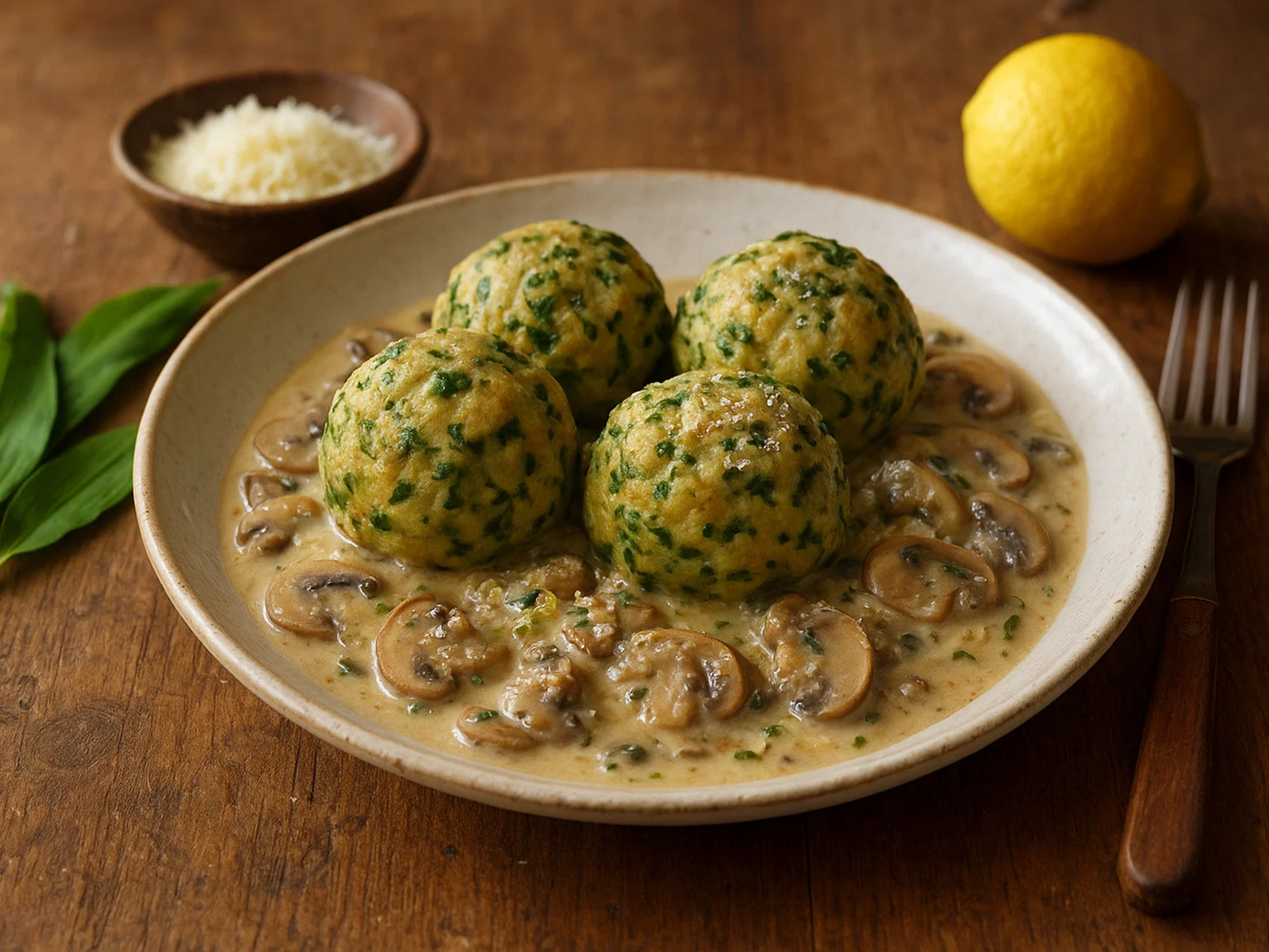 Bärlauch-Knödel auf Rahmchampignons