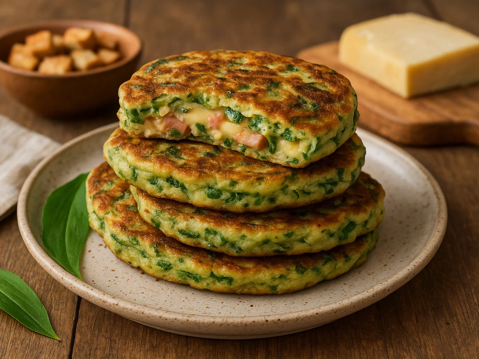 Herzhafte Bärlauch-Pancakes mit Käse und Schinken oder Tofu