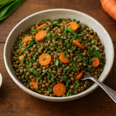 Linsensalat mit Bärlauch, Karotten und Apfelessig-Senf-Dressing