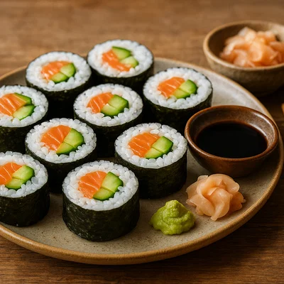 Sushi-Rollen mit Lachs und Gurke