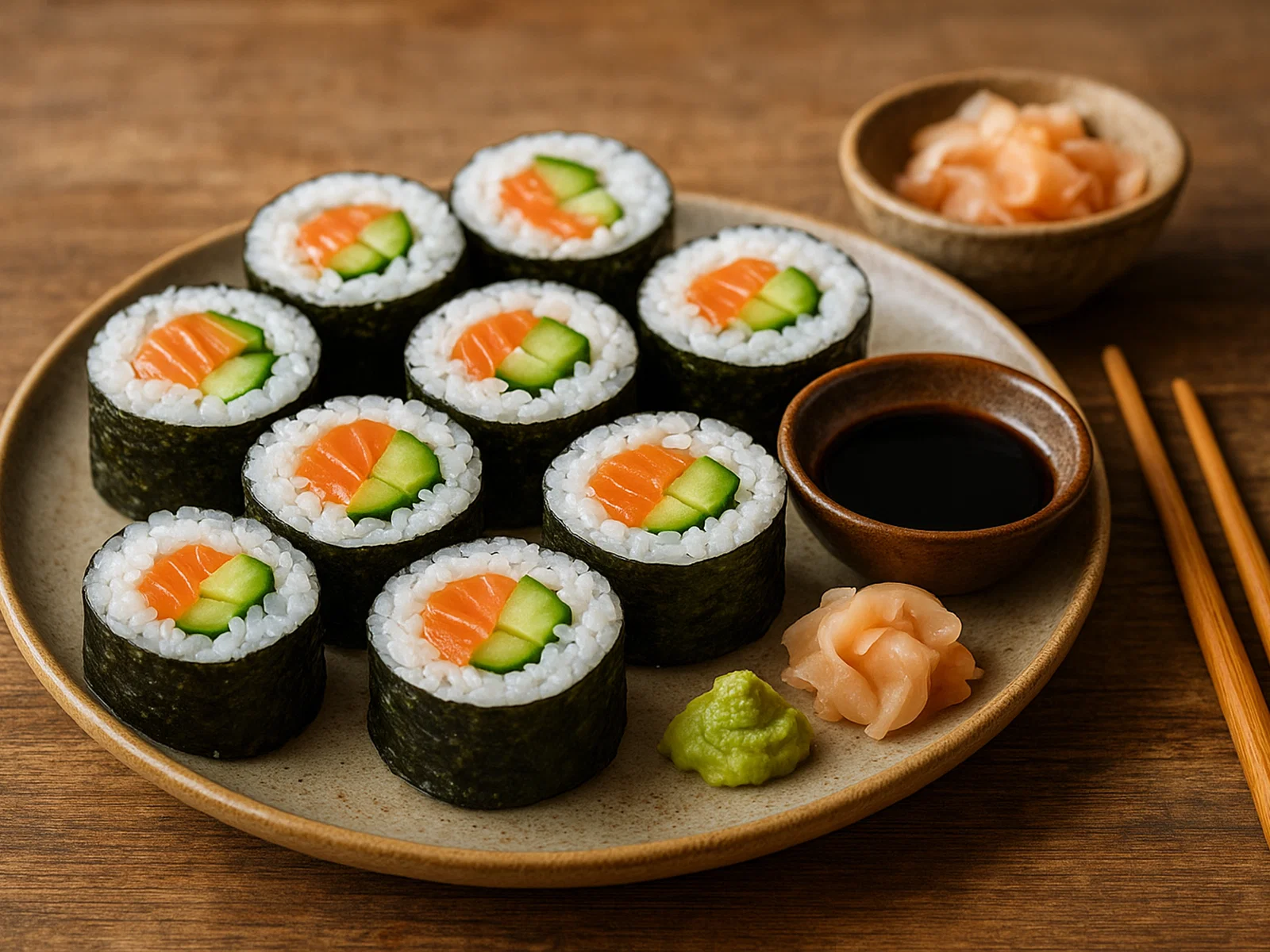 Sushi-Rollen mit Lachs und Gurke