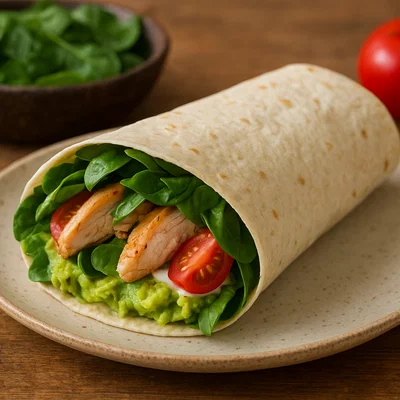 Avocado-Spinat-Wrap mit Hähnchen und Tomaten