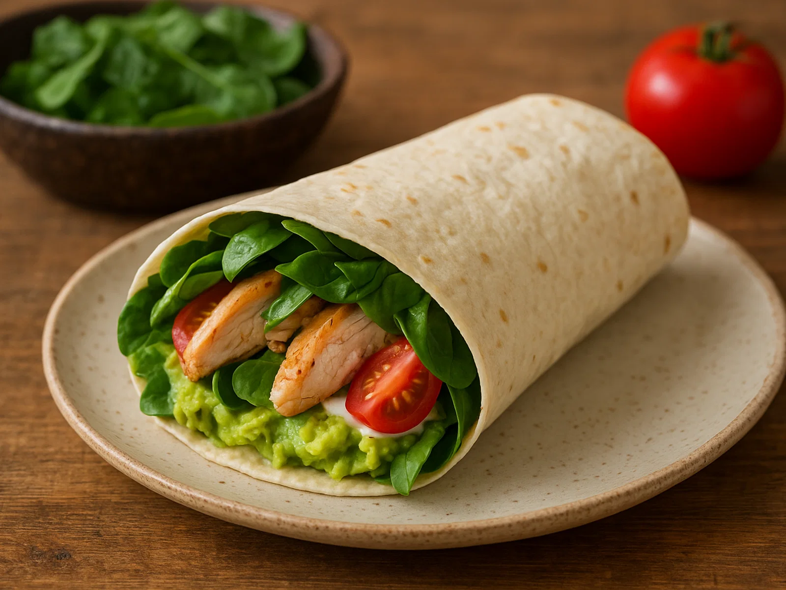Avocado-Spinat-Wrap mit Hähnchen und Tomaten