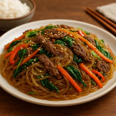 Koreanisches Japchae mit Rindfleisch und Gemüse