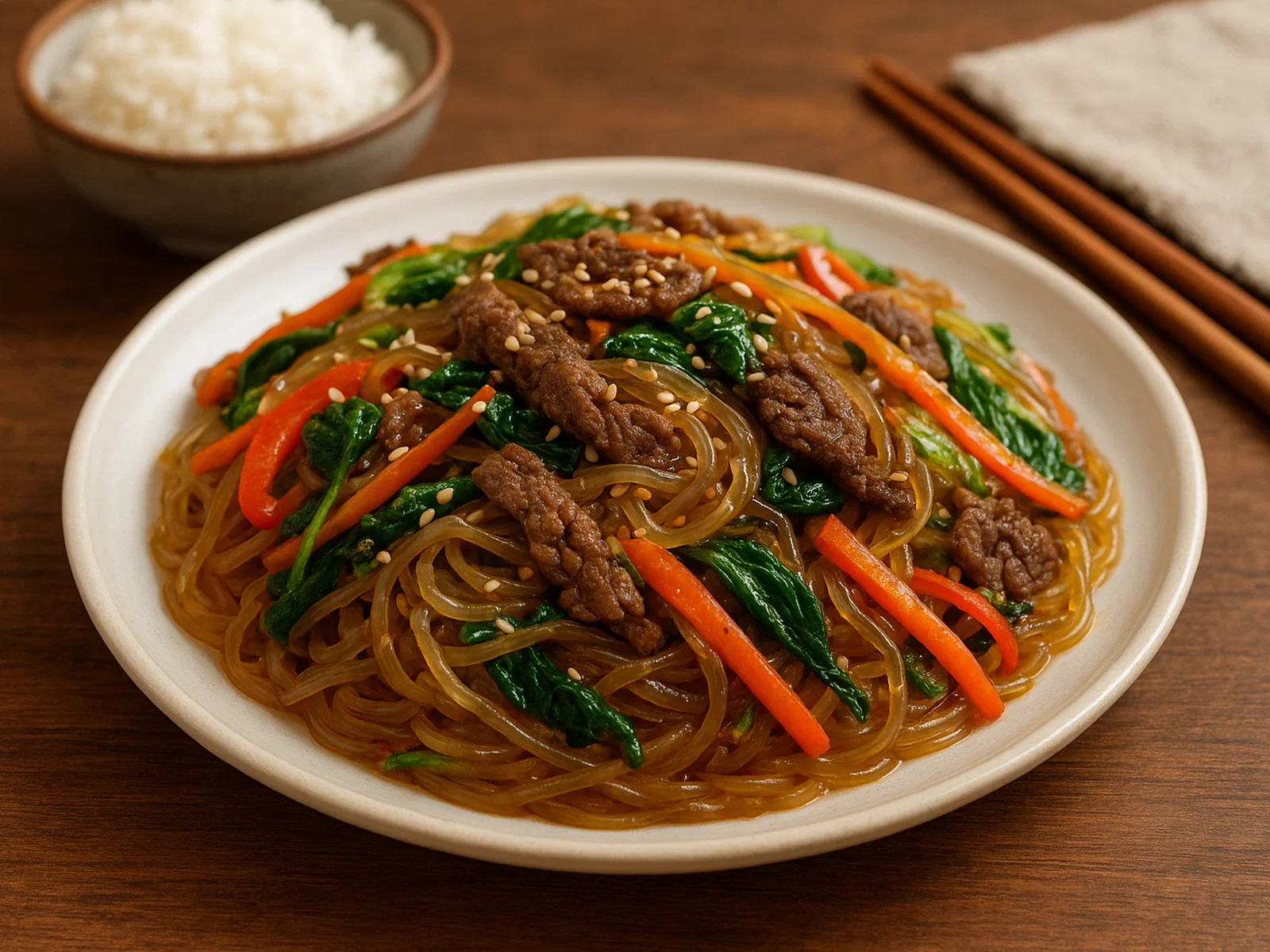 Koreanisches Japchae mit Rindfleisch und Gemüse