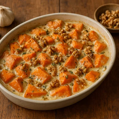 Cremige gebackene Kumara mit Knoblauch, Thymian und Walnüssen