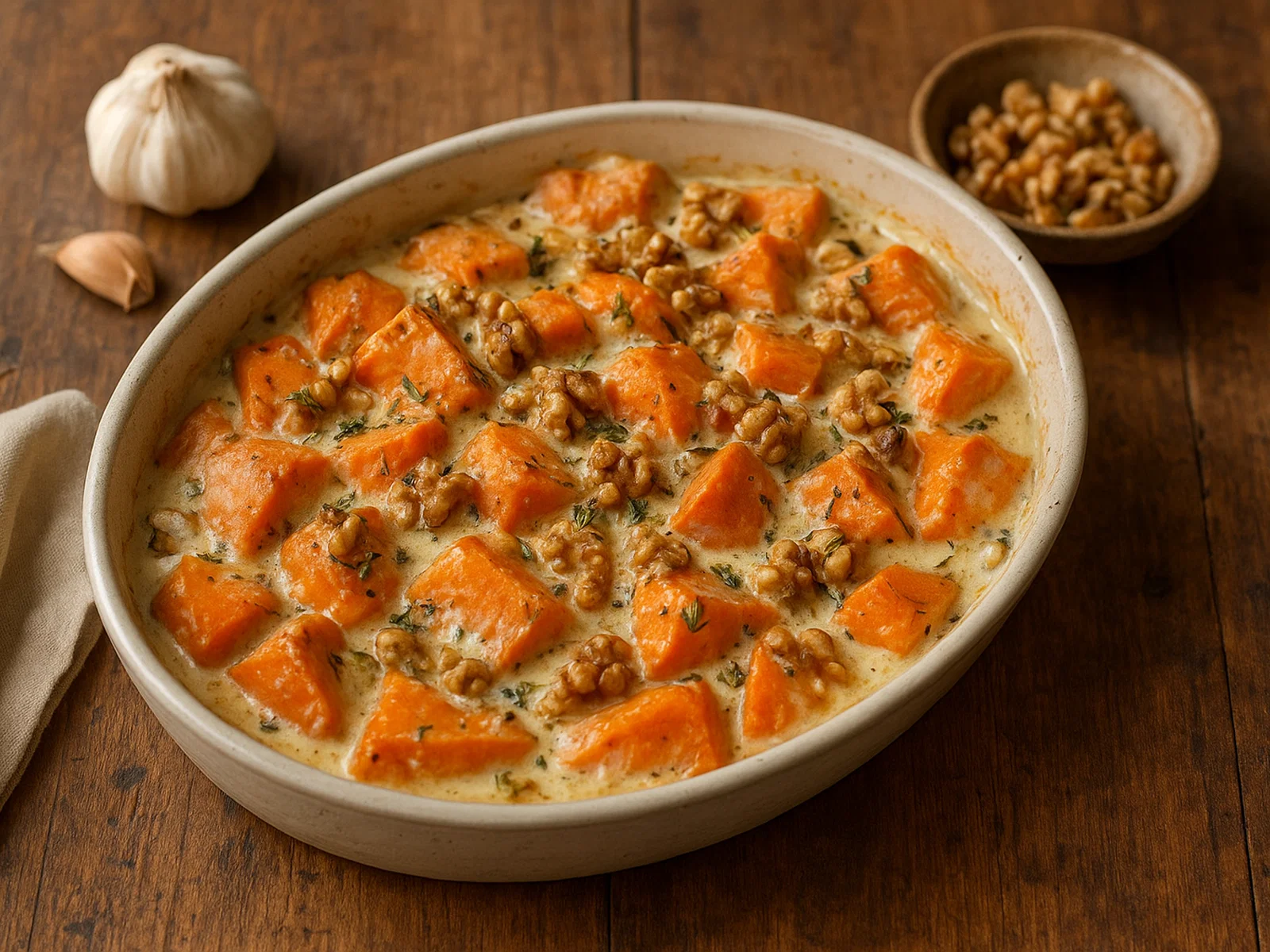Cremige gebackene Kumara mit Knoblauch, Thymian und Walnüssen