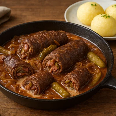 Rinderrouladen-Pfanne mit Speck, Gurken und Zwiebel-Sahnesauce