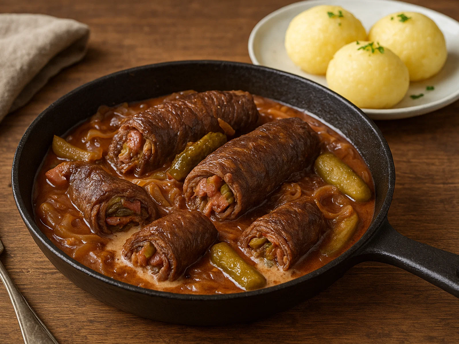 Rinderrouladen-Pfanne mit Speck, Gurken und Zwiebel-Sahnesauce