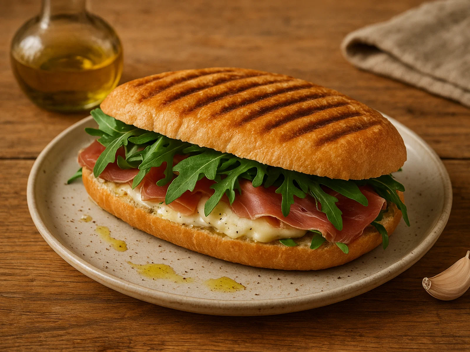 Rucola-Parmaschinken-Panini mit Mozzarella