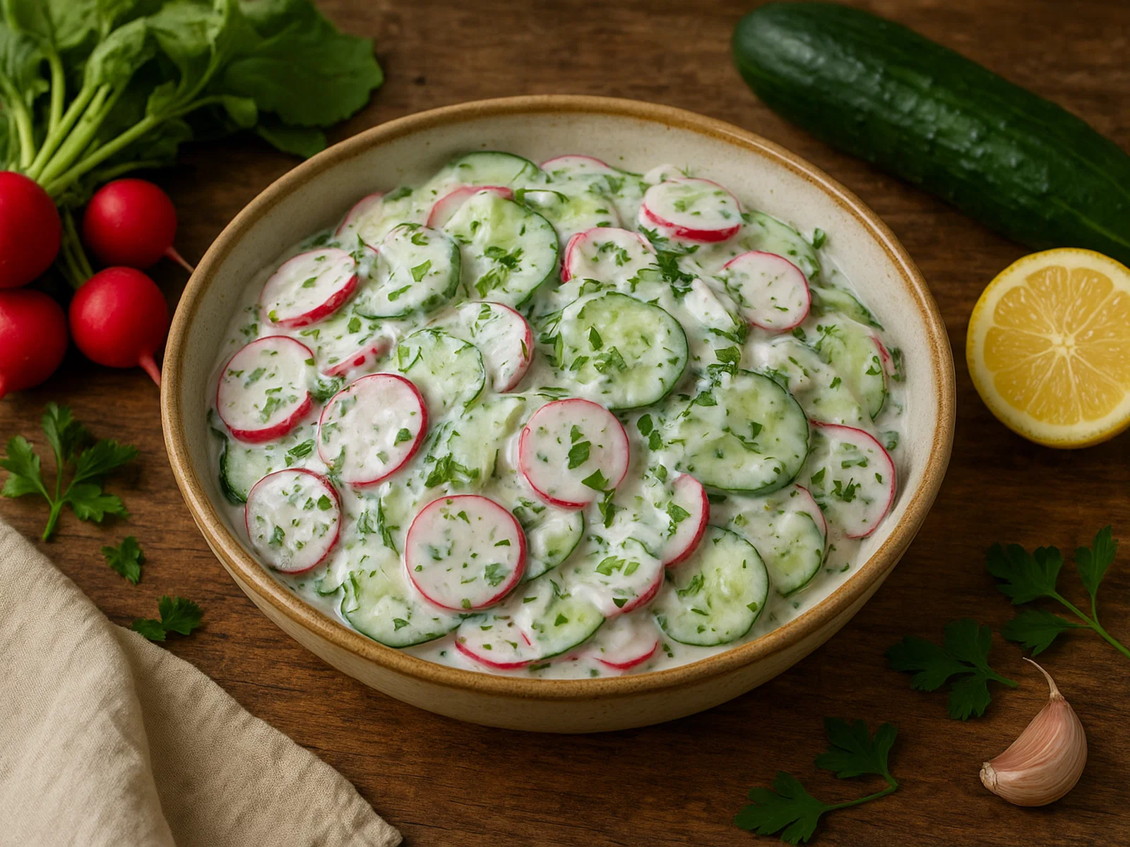 Radieschen-Gurken-Salat mit cremigem Joghurtdressing