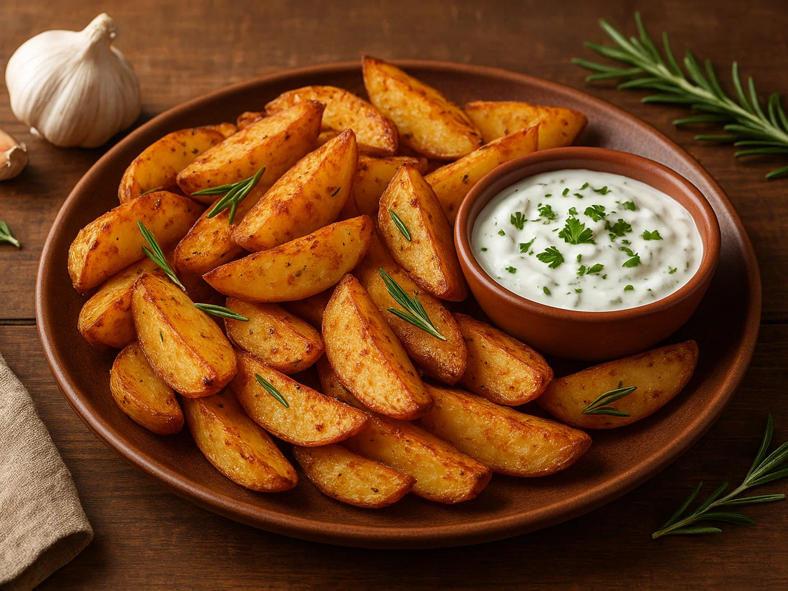 Gebackene Kartoffelspalten mit Knoblauch-Dip