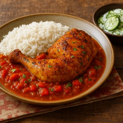 Afrikanisches Hähnchen mit Tomaten-Paprika-Sauce, Reis und Gurkensalat