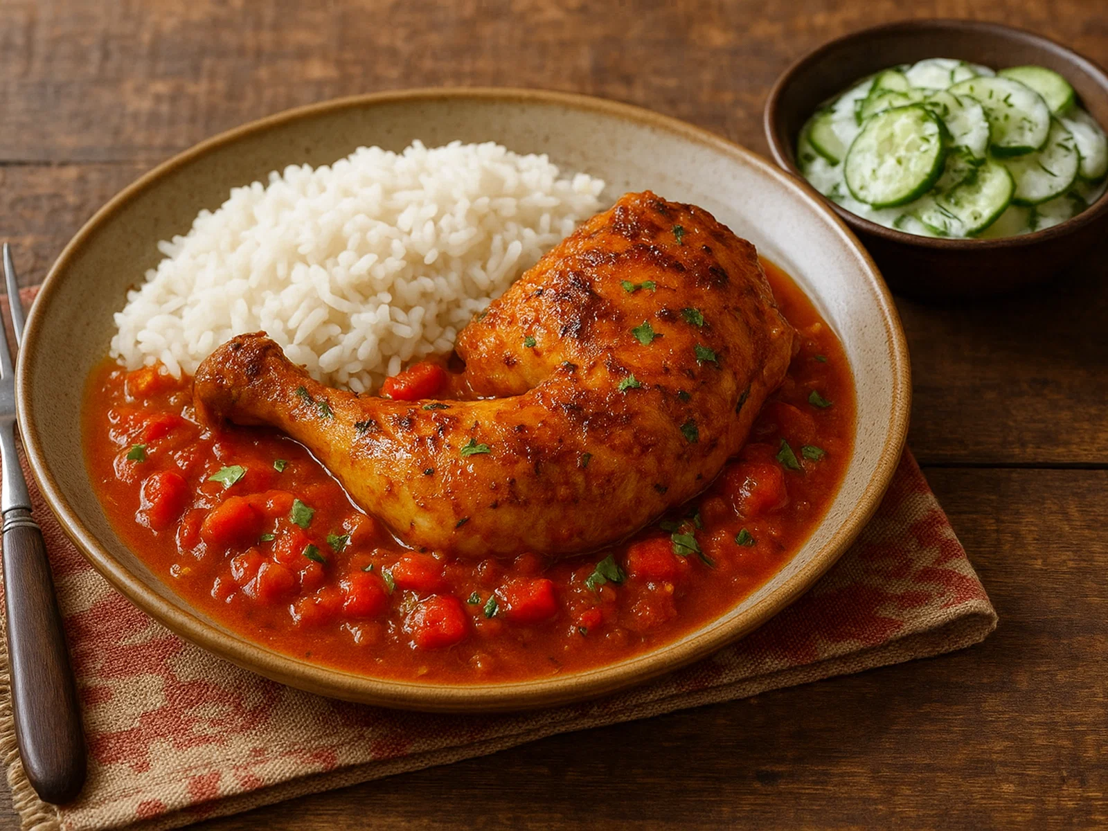 Afrikanisches Hähnchen mit Tomaten-Paprika-Sauce, Reis und Gurkensalat