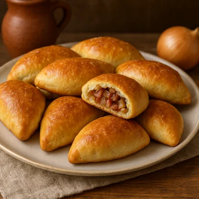 Lettische Pīrādziņi (gefüllte Speck-Zwiebel-Teigtaschen)
